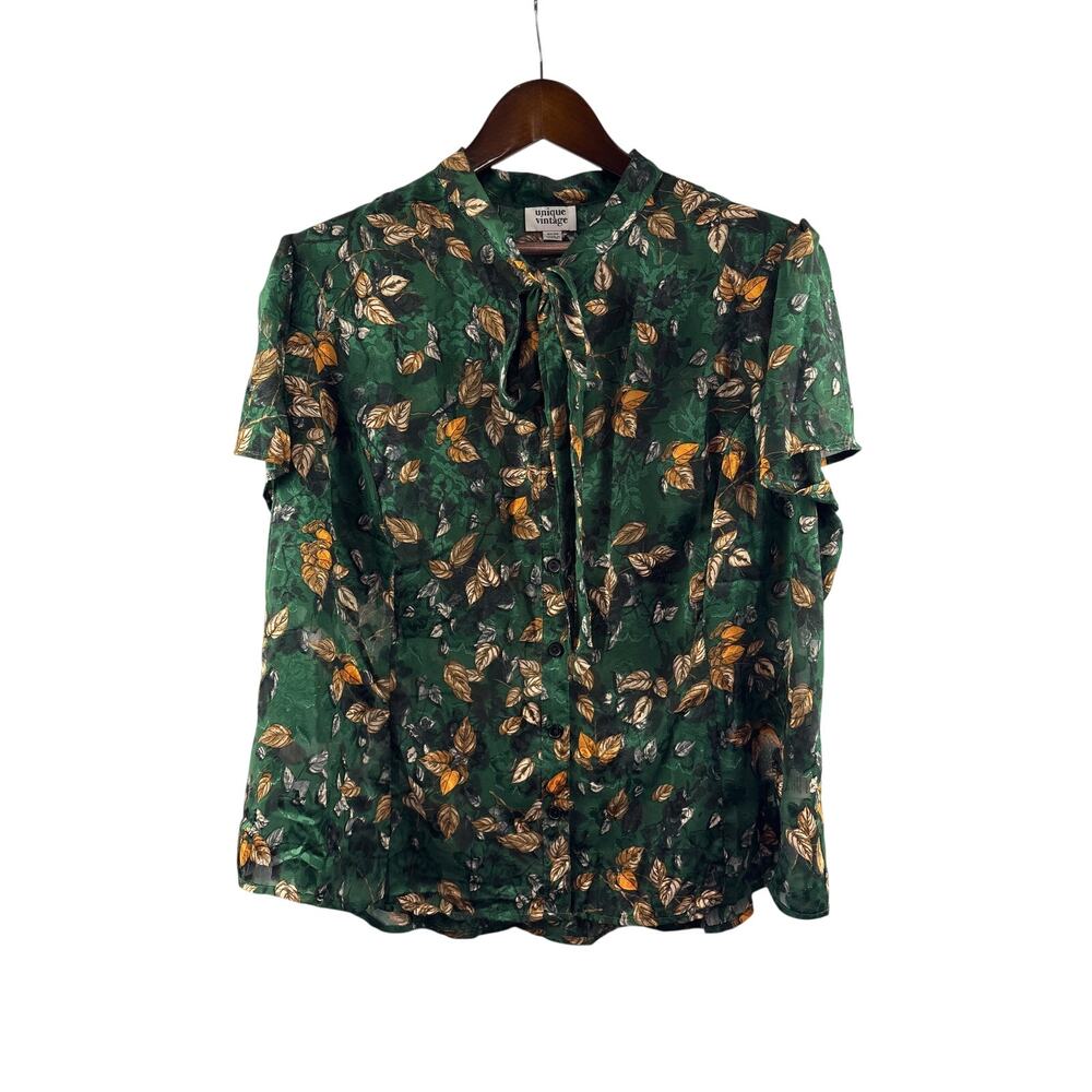 Women’s Unique Vintage 3X Sheer Green Floral Button Up Blouse
